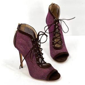 JIMMY CHOO Shoes Women 40 Purple Glitter Mesh Leather Lace Up Peep Toe Heels NEW